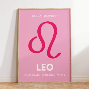 Impresión preppy Leo, cartel de signo de estrella rosa y blanco, arte de la pared Leo, decoración del dormitorio, arte del zodíaco imprimible, regalo de cumpleaños de la niña Leo