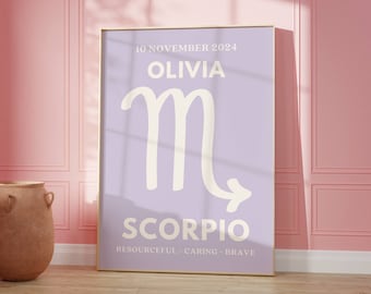 May include: A purple poster with a white Scorpio zodiac sign and the text "10 November 2024 Olivia Scorpio Resourceful - Caring - Brave".