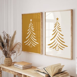 Kerst afdrukbare muurkunst, galerijset van 2 kerstboomafdrukken, gouden kleur vakantiedecor, minimalistische kerstkunst, digitale download