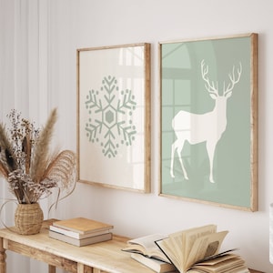 Christmas Printable Wall Art, Set of 2 Reindeer and Snowflake Prints, Sage Green Holiday Decor, Minimalist Christmas Art, Digital Download
