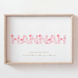Personalized Name Print, Pink Floral Name and Birth Details Print, Custom New Baby Gift, Horizontal Nursery or Kids Room Wall Art