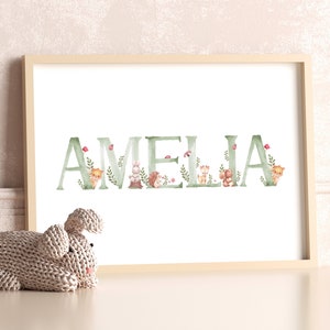 Personalized Animal Girl Name Print, Printable Baby Gift, Woodland Animal Name, Girl Nursery Decor, Custom Gift for Girl, Digital Download