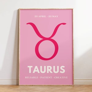Impression preppy taureau, affiche signe astrologique rose et blanc, art mural taureau, décoration de dortoir, art du zodiaque à imprimer, cadeau d'anniversaire fille taureau