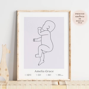 Póster de bebé personalizado, impresión a escala 1:1, regalo de nacimiento para recién nacido, decoración de guardería imprimible en lila y morado, impreso y enviado o digital.