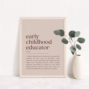 May include: A printable wall art print with a beige background and brown text that defines "early childhood educator" as a highly skilled person dedicated to giving little humans the best start in education.