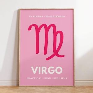 Preppy Virgo Print, różowy i czerwony plakat ze znakiem zodiaku, sztuka ścienna z Panną, wystrój pokoju w akademiku, wydrukowana sztuka zodiaku, prezent urodzinowy dla dziewczyny z Panną