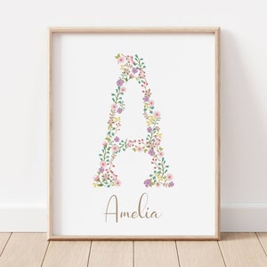 Impresión personalizada del nombre inicial floral, impresión personalizada para las niñas, nuevo regalo del nombre del bebé, arte de la pared de la carta del vivero de flores, arte de la pared de la habitación de las niñas