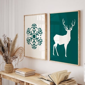 Christmas Printable Wall Art, Set of 2 Reindeer and Snowflake Prints, Green Holiday Decor, Minimalist Christmas Art, Digital Download