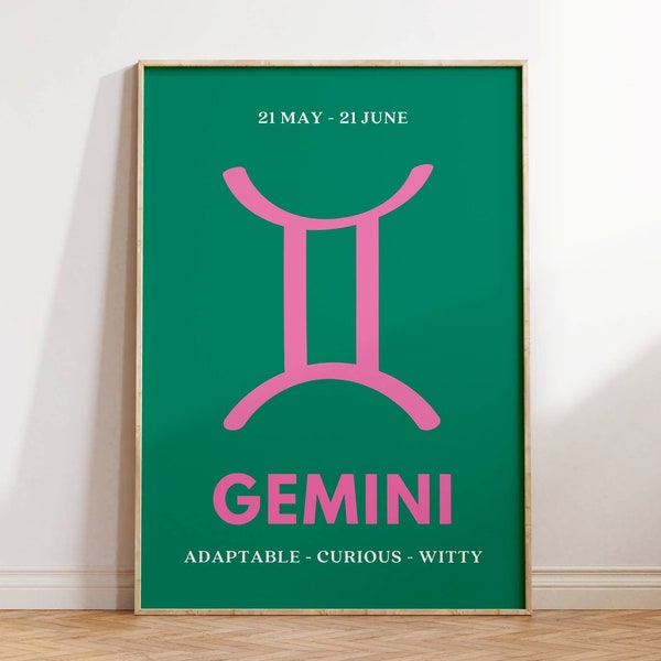 Gemini Wall Art, Green and Pink Gemini  Print, Star Sign Poster, Gemini  Girlfriend Gift, Dorm Room Decor, Zodiac Quote Art Printable