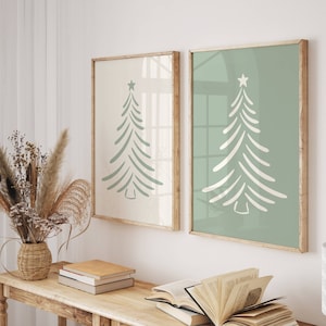 Kerst afdrukbare muurkunst, galerij set van 2 kerstboomafdrukken, saliegroen vakantiedecor, minimalistische kerstkunst, digitale download