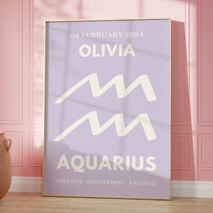 Personalized Aquarius Print, Custom Birthday Gift, Name and Date of Birth Star Sign Poster, Dorm Room Decor, Zodiac Sign Wall Art