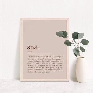Puede incluir: Una impresión de arte de pared beige imprimible con un marco marrón. La impresión presenta la palabra "sna" definida como una persona altamente calificada dedicada al cuidado de los estudiantes.