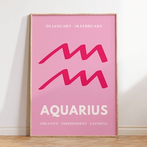 Impresión preppy de Acuario, póster del signo zodiacal rosa y blanco, arte de pared de Acuario, decoración de dormitorio, arte del zodíaco imprimible, regalo de cumpleaños para niña