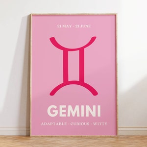 Impresión preppy Géminis, cartel de signo de estrella rosa y blanco, arte de la pared de Géminis, decoración del dormitorio, arte del zodíaco imprimible, regalo de cumpleaños de la niña Géminis