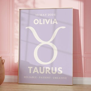 Spersonalizowany nadruk znaku zodiaku, prezent urodzinowy Byka, nadruk imienia i daty urodzenia znaku zodiaku, plakat do pokoju w akademiku, sztuka ścienna ze znakiem zodiaku