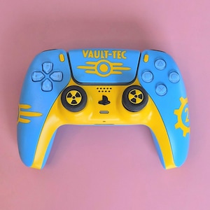 Custom Retro-Futuristic Wasteland Inspired Blue & Yellow Game Controller | Hand-Painted Atomic-Style Design