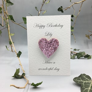 Personalized Birthday Card: Pink Glitter Heart, Handmade A6 Card