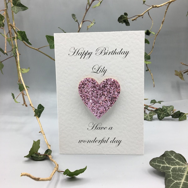 Personalised Birthday Card. Happy Birthday - Have a wonderful day. Birthday card for her. Birthday card for friend. Pink heart. Blank inside