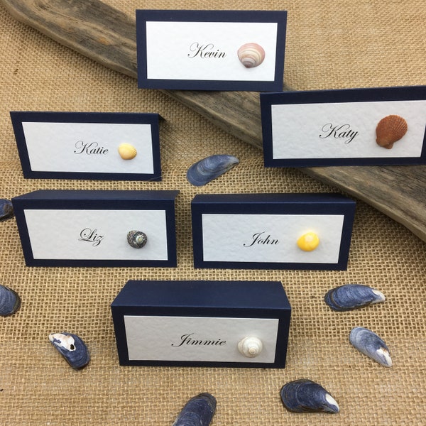 Shell wedding name cards, Place cards, Shell place setting, Beach wedding, Coastal wedding decor, Personalise, Variety of mini shells