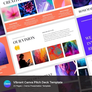 May include: A Canva presentation template titled "Vibrant Canva Pitch Deck Template" with 23 pages. The design features a modern layout with colorful abstract art, floral images, and text blocks. The template is designed for digital marketing and brand identity.