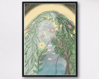 May include: A framed painting of a stylized, abstract depiction of a woman's face with a flowing green and yellow floral design. The background is a light blue with a yellow moon.