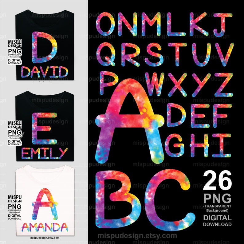 alphabet tie dye colorful png pack 26 alphabet rainbow color etsy