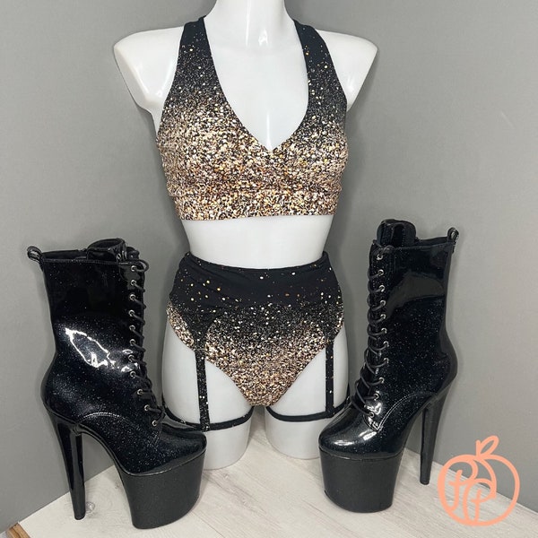 Black and gold Glitter Set with Garter belt