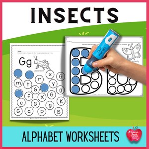 Hojas de trabajo sobre el alfabeto de insectos y la motricidad fina para preescolares y jardín de infantes / Reconocimiento de letras divertido