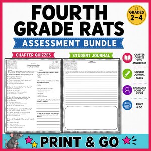 Pode incluir: Um pacote de avaliação de Fourth Grade Rats com questionários de capítulos, páginas de diário do aluno e pontos de vista de personagens. O pacote inclui uma opção de impressão e uso e foi projetado para as séries 2-4. A imagem tem um esquema de cores rosa e azul.