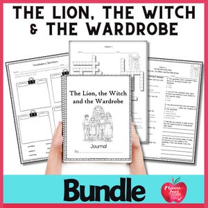 May include: A collection of educational resources for "The Lion, the Witch, and the Wardrobe." Includes a journal, vocabulary sketches, a crossword, and a comprehension quiz. The journal cover shows the lion and children. The bundle is on a pink background.