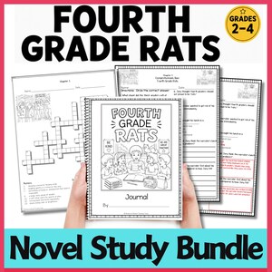 Pode incluir: Um pacote de estudo de romance para a quarta série, com um diário e folhas de trabalho. A capa do diário mostra o título "Fourth Grade Rats" com ilustrações de crianças. Inclui um palavras cruzadas e questionários de compreensão. Séries 2-4.