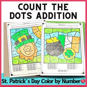 Op de afbeelding: Twee printbare werkbladen voor kinderen om te oefenen met optellen door stippen te tellen. Het eerste werkblad heeft een kabouter en het tweede werkblad heeft een pot met goud. Beide werkbladen hebben een kleur-per-nummer sectie onderaan.