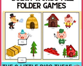 Puede incluir: Un conjunto de juegos educativos imprimibles para niños que presentan la historia de los Tres Cerditos. Los juegos usan palabras de vista Dolch e incluyen imágenes de un lobo, cerdos, casas y otros elementos de la historia.