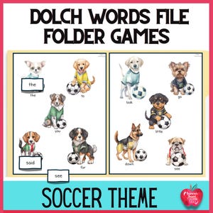 Puede incluir: Dos tableros de juego imprimibles con ilustraciones coloridas de perros jugando al fútbol. Los tableros incluyen palabras de vista Dolch como "the", "to", "go", "look", "said", "you", "little", "down", "for", y "see". Los tableros están titulados "Tema de fútbol".