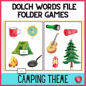 May include: A set of printable camping themed Dolch word game cards. The cards feature illustrations of a compass, tent, campfire, frying pan, flashlight, guitar, sleeping bag, and pine tree. The words "you", "said", "the", "for", "to", "see", "little", "look", "go", "down" are included on the cards.
