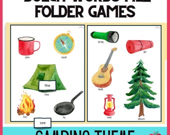 Può includere: Un set di carte da gioco di parole Dolch stampabili a tema campeggio. Le carte presentano illustrazioni di una bussola, una tenda, un falò, una padella, una torcia, una chitarra, un sacco a pelo e un pino. Le parole "you", "said", "the", "for", "to", "see", "little", "look", "go", "down" sono incluse sulle carte.