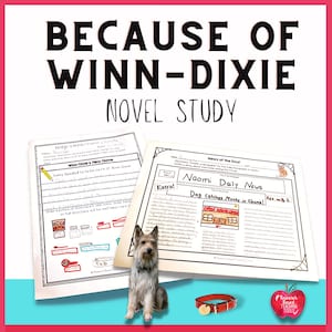 Pode incluir: Uma folha de trabalho imprimível em preto e branco para um estudo de romance do livro "Because of Winn-Dixie". A folha de trabalho é intitulada "Winn-Dixie's New Home" e pede aos alunos que enumerem os itens necessários para cuidar de um cão. A folha de trabalho também inclui uma imagem de um cão e uma lista de itens como uma tigela de comida, uma coleira e uma banheira. A segunda folha de trabalho é intitulada "Naomi Daily News" e é um modelo para que os alunos escrevam uma notícia sobre um cão que captura um rato em uma igreja.