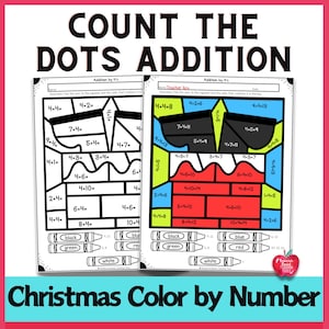 Może przedstawiać: Dwa świąteczne arkusze kolorowania według liczb dla dzieci. Arkusze przedstawiają zimową scenę ze śniegowym bałwanem, reniferem i choinką. Arkusze są przeznaczone do ćwiczenia umiejętności dodawania przez dzieci poprzez liczenie kropek i rozwiązywanie równań. Arkusze zawierają klucz kolorów z czarnymi, zielonymi, białymi, niebieskimi i czerwonymi kredkami.