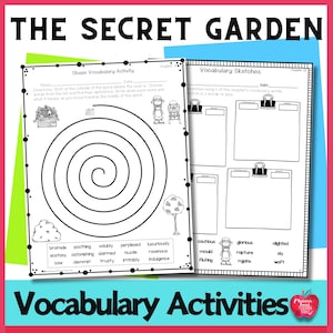 May include: Black and white printable worksheets for vocabulary activities. The worksheets feature a spiral shape vocabulary activity and a vocabulary sketches activity. The worksheets are titled "The Secret Garden".