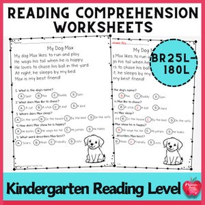 May include: Reading comprehension worksheets for kindergarten level. The worksheets feature a story about a dog named Max, with questions about the story. Includes a power key and a cute cartoon dog illustration.