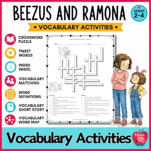 Pode incluir: Uma folha de trabalho educativa colorida intitulada "Beezus and Ramona Vocabulary Activities" para as séries 2-4. A imagem apresenta um quebra-cabeça de palavras cruzadas, ilustrações e duas meninas. A folha de trabalho inclui correspondência de vocabulário.