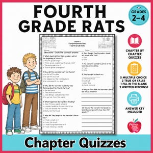 Puede incluir: Una hoja de trabajo de cuestionario de comprensión titulada "Fourth Grade Rats". La página presenta ilustraciones de dos niños e incluye preguntas de opción múltiple, verdadero/falso y completar, para los grados 2-4. Se incluye una clave de respuestas.