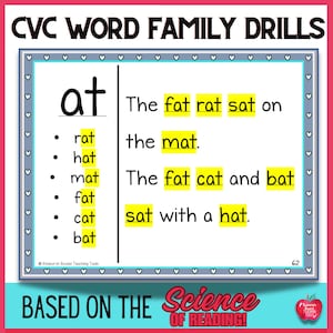 Puede incluir: Una hoja de trabajo imprimible para enseñar familias de palabras CVC. La hoja de trabajo presenta la familia de palabras "at" e incluye palabras como "rat", "hat", "mat", "fat", "cat" y "bat". La hoja de trabajo incluye una oración que usa cada palabra de la familia de palabras.
