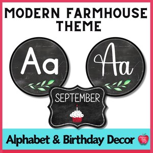 May include: Modern farmhouse theme alphabet and birthday decor. The image features two circular chalkboard-style designs with the letter "A" in uppercase and lowercase, and a decorative "September" sign with a cupcake.