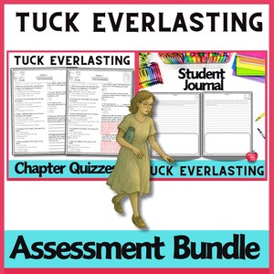 Pode incluir: Um conjunto de materiais educacionais para o livro "Tuck Everlasting". A imagem apresenta questionários de capítulos, um diário do aluno e uma ilustração de uma menina. O título "Tuck Everlasting" está no topo.