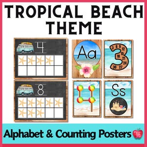 May include: A collection of educational posters with a tropical beach theme. The posters feature numbers, letters, and counting visuals, including starfish, beach balls, and a vintage van. The text reads "TROPICAL BEACH THEME" and "Alphabet & Counting Posters."