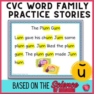 May include: A colorful worksheet with the words "The Plum Gum" and a short story about a boy named Jum who likes plum gum. The worksheet is designed to help children learn the "um" word family.
