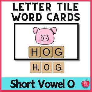 May include: A learning resource featuring the text "LETTER TILE WORD CARDS" and "Short Vowel O." The image includes a pink pig illustration above the word "HOG" spelled out with letter tiles. Additional letter tiles spell "HOG" below the first word.