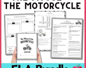 Może przedstawiać: Czarno-biały pakiet materiałów edukacyjnych ELA do książki "Mysz i Motocykl". Pakiet zawiera szkice słownictwa, krzyżówkę, quiz sprawdzający zrozumienie tekstu i stronę dziennika.