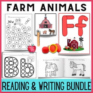 Actividades con el alfabeto y palabras visuales de animales de granja / Paquete de alfabetización para preescolar y jardín de infantes: reconocimiento de letras y motricidad fina / Tema de primavera